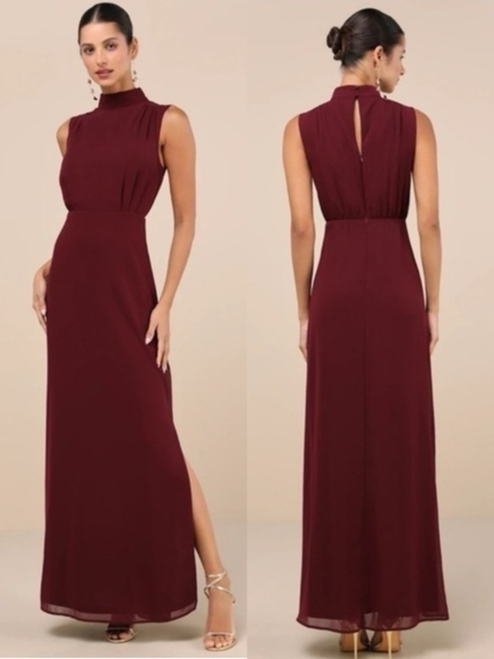 NWOT Lulu’s Classic Elegance Plum Chiffon Sleeveless Mock Neck Maxi Dress Medium